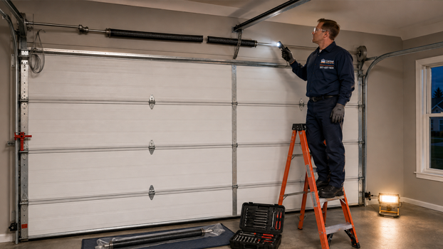 a broken torsion spring and loose garage door cable during emergency service