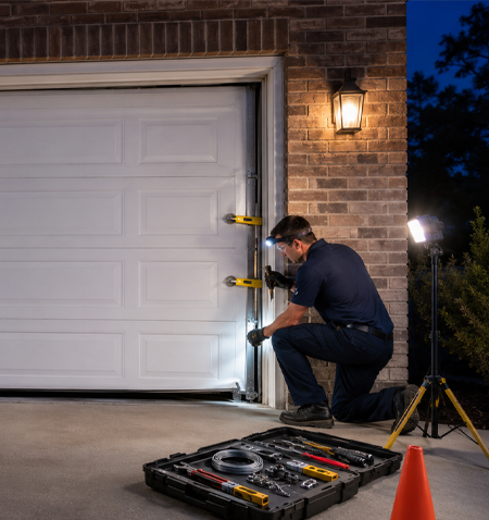 repairing an off-track garage door at night