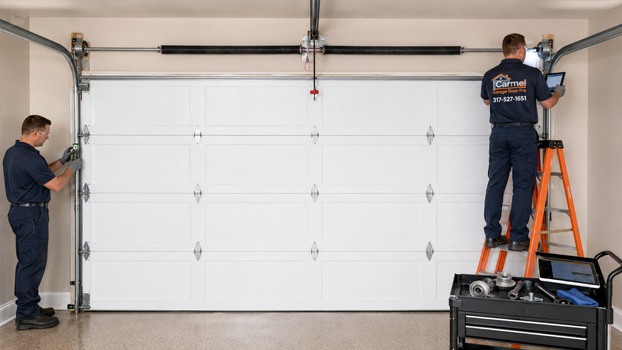 inspecting garage door springs, shaft, cables, drums, bearing plates, and anchors