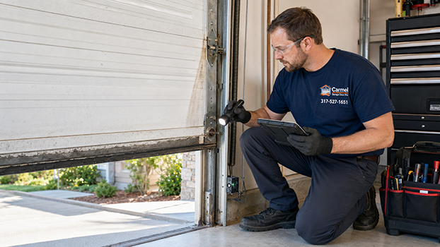 Carmel Garage Door Pro technician evaluating worn garage door components