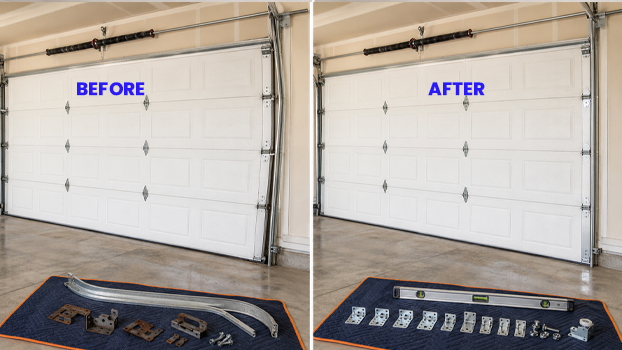 Before and after comparison of a bent garage door track