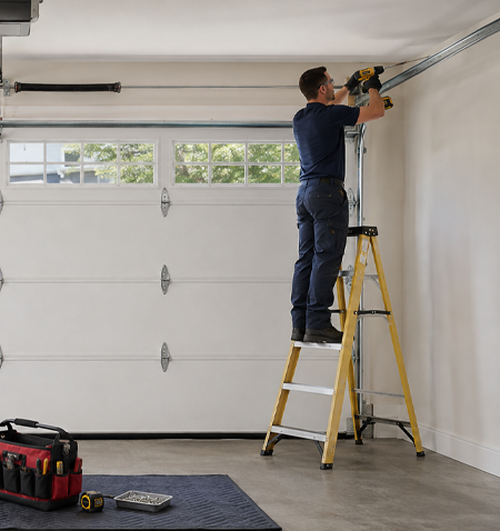 American technician completing a new full-size residential garage door installation