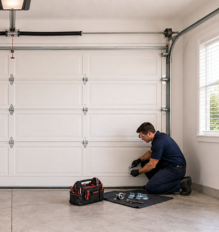 Technician repairing a full-size residential garage door