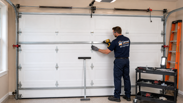 repairing a cracked center hinge and bent reinforcement strut on a residential garage door